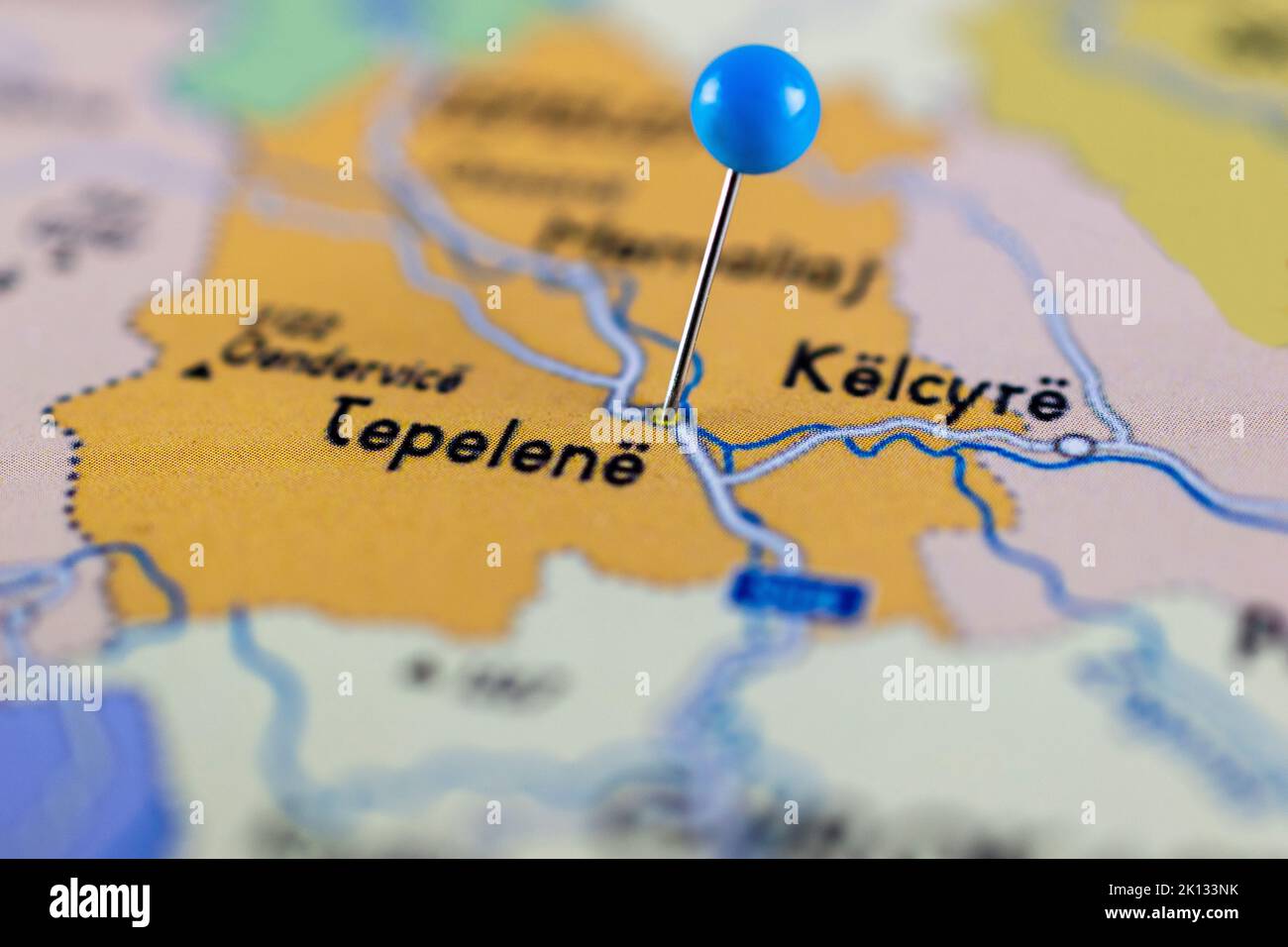 Tepelene map. Close up of Tepelene map with blue pin. Map with red pin point of Tepelene in Albania. Stock Photo