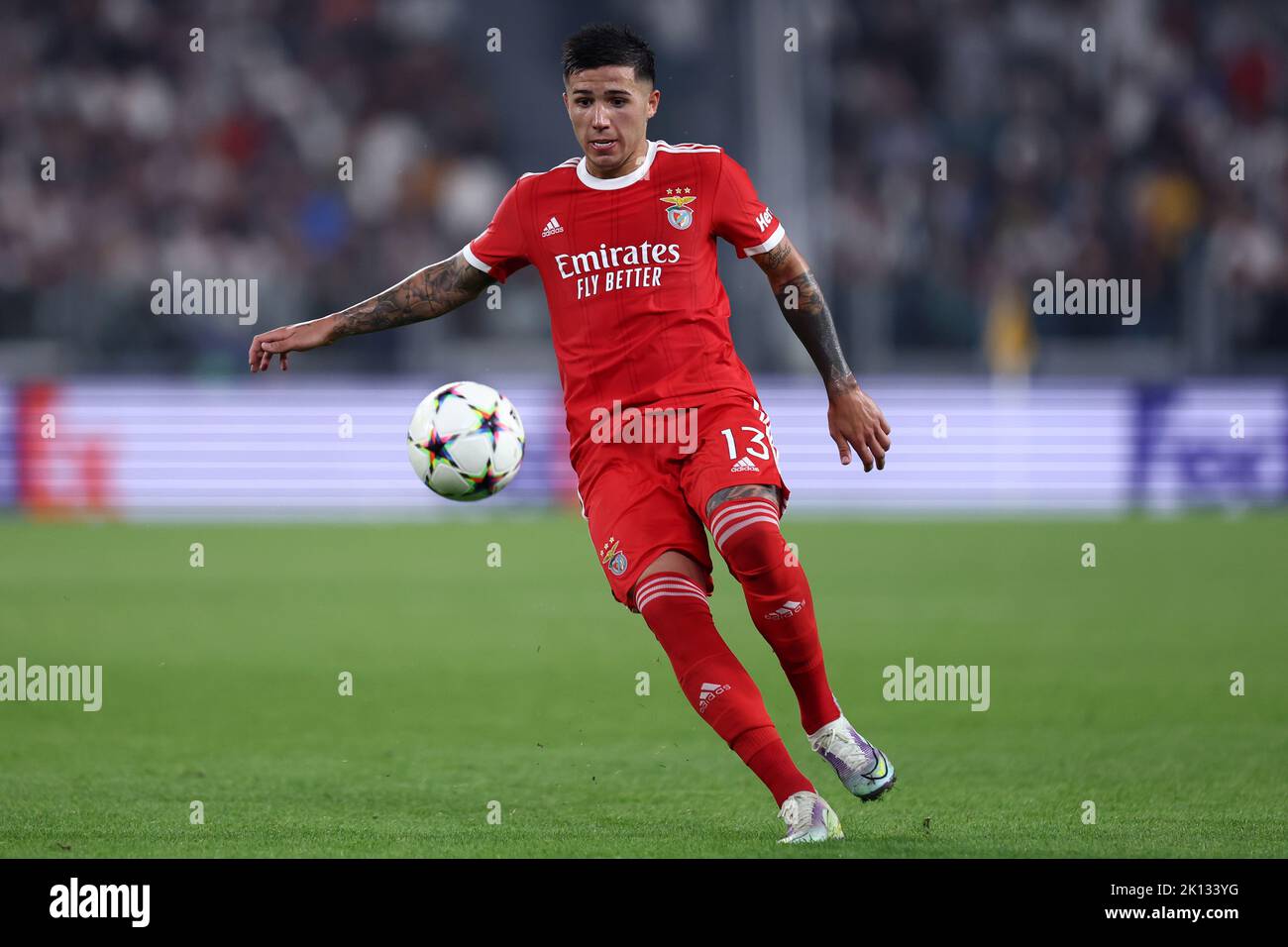 Enzo Fernandez of SL Benfica  in action during the Uefa Champions League Group H match beetween Juventus Fc and SL Benfica at Allianz Stadium on September 14, 2022 in Turin, Italy . Stock Photo