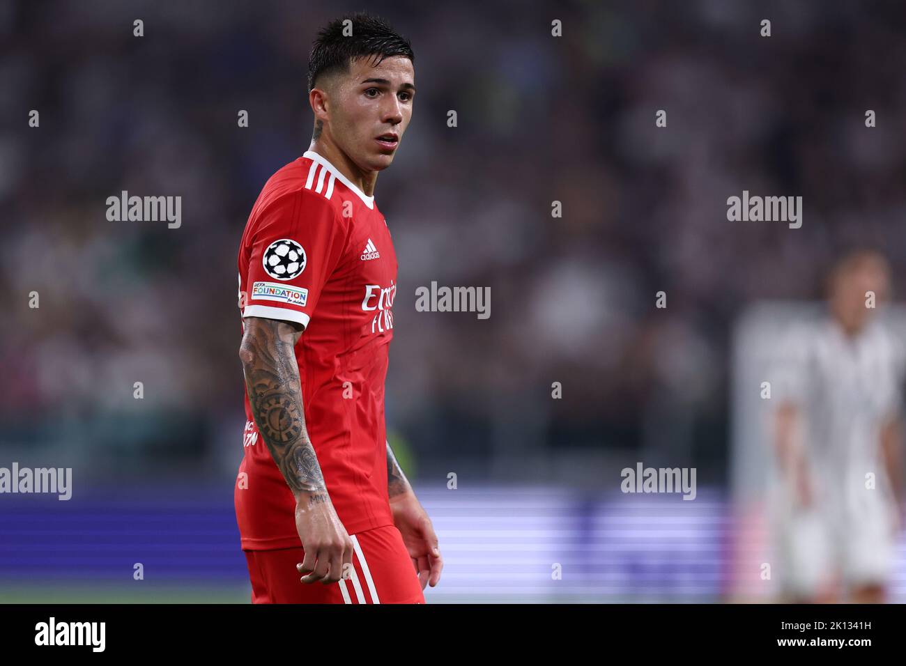 Enzo Fernandez of SL Benfica  looks on during the Uefa Champions League Group H match beetween Juventus Fc and SL Benfica at Allianz Stadium on September 14, 2022 in Turin, Italy . Stock Photo