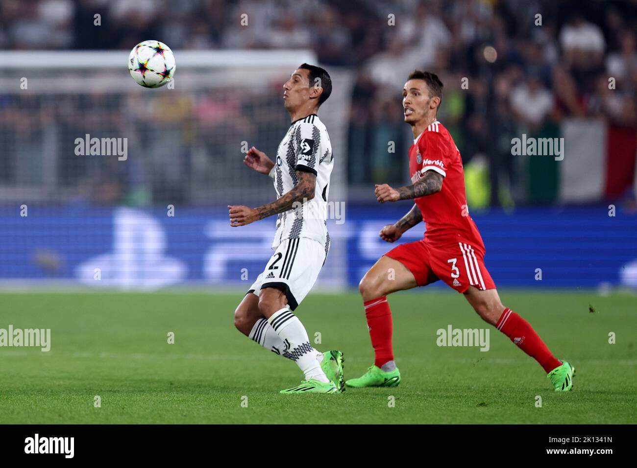 Angel Di Maria of Juventus Fc (L) and Alejandro Grimaldo of SL Benfica (R)  battle for the ball during the Uefa Champions League Group H match beetween Juventus Fc and SL Benfica at Allianz Stadium on September 14, 2022 in Turin, Italy . Stock Photo