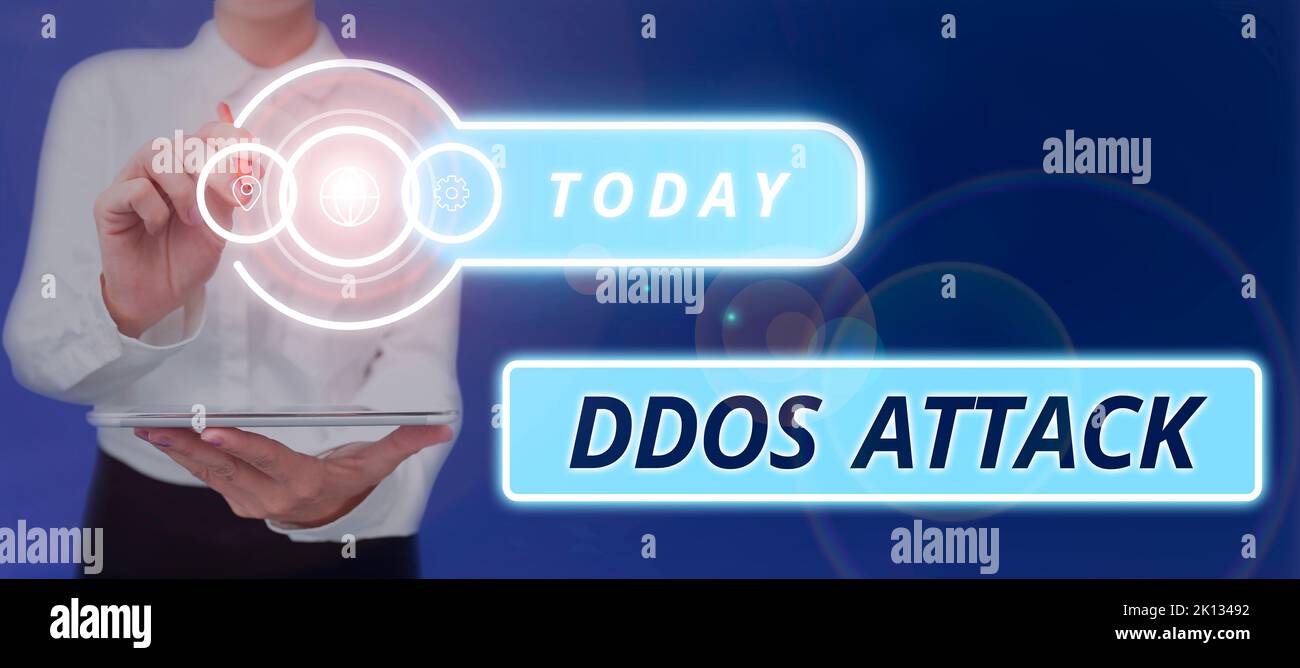 Text showing inspiration Ddos Attack. Concept meaning perpetrator seeks to  make network resource unavailable Stock Photo - Alamy