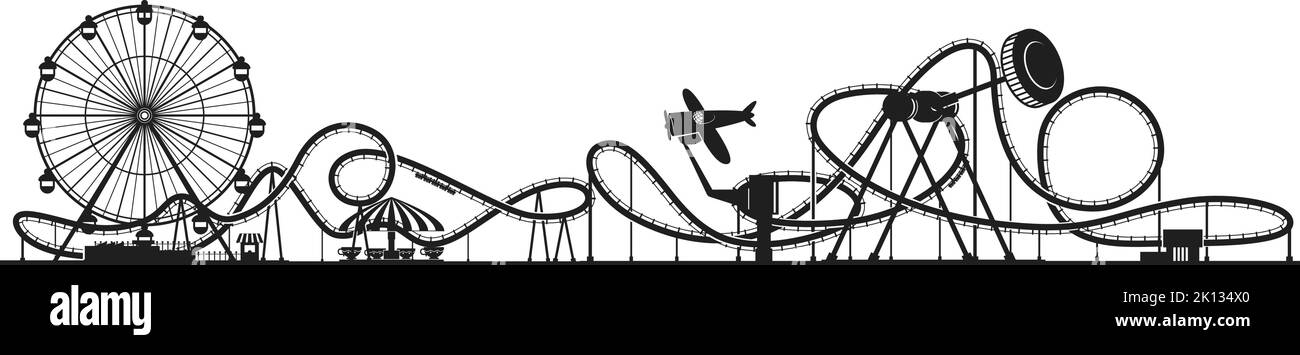 Funfair rides black silhouettes. Amusement park panorama Stock Vector