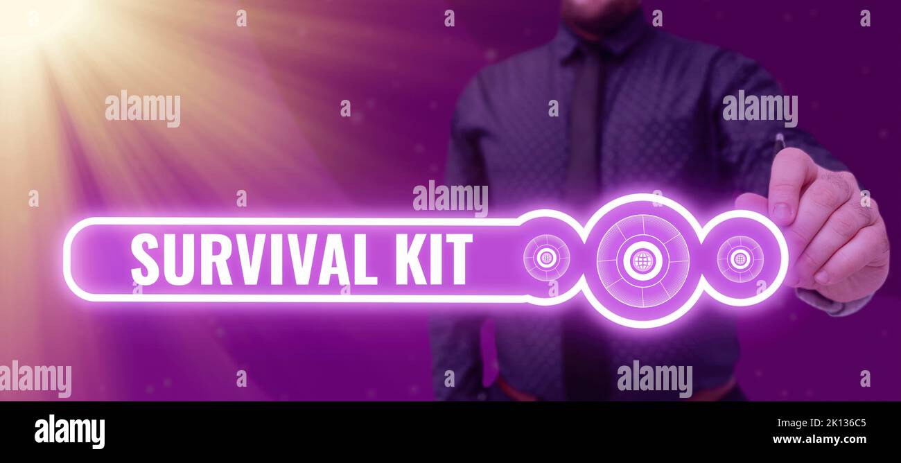 Text caption presenting Survival Kit. Word for Emergency Equipment