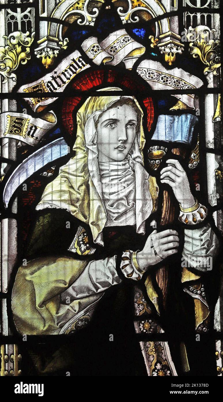 Stained glass window by Percy Bacon & Brothers depicting St Sativola (or Sidwell), St Sidwell's Church, Laneast, Cornwall Stock Photo