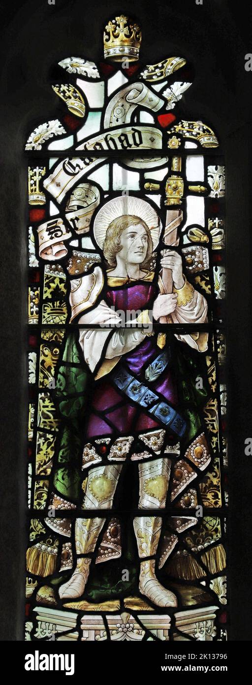 Stained glass window by Percy Bacon & Brothers depicting Sir Galahad of the Round Table; Arthurian Legend, St Lalluwy's Church, Menheniot, Cornwall Stock Photo