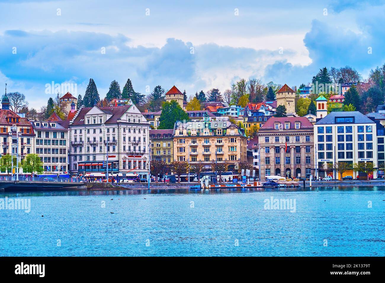 LUCERNE, SWITZERLAND - MARCH 30, 2022: Fashionable historical houses on Schwanenplatz, on March 30 in Lucerne, Switzerland Stock Photo