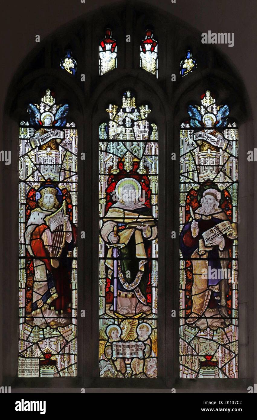 Stained glass window by Percy Bacon & Brothers depicting King David, St Paul & Isaiah, St Cuby's & St Leonard's Church, Duloe, Cornwall Stock Photo