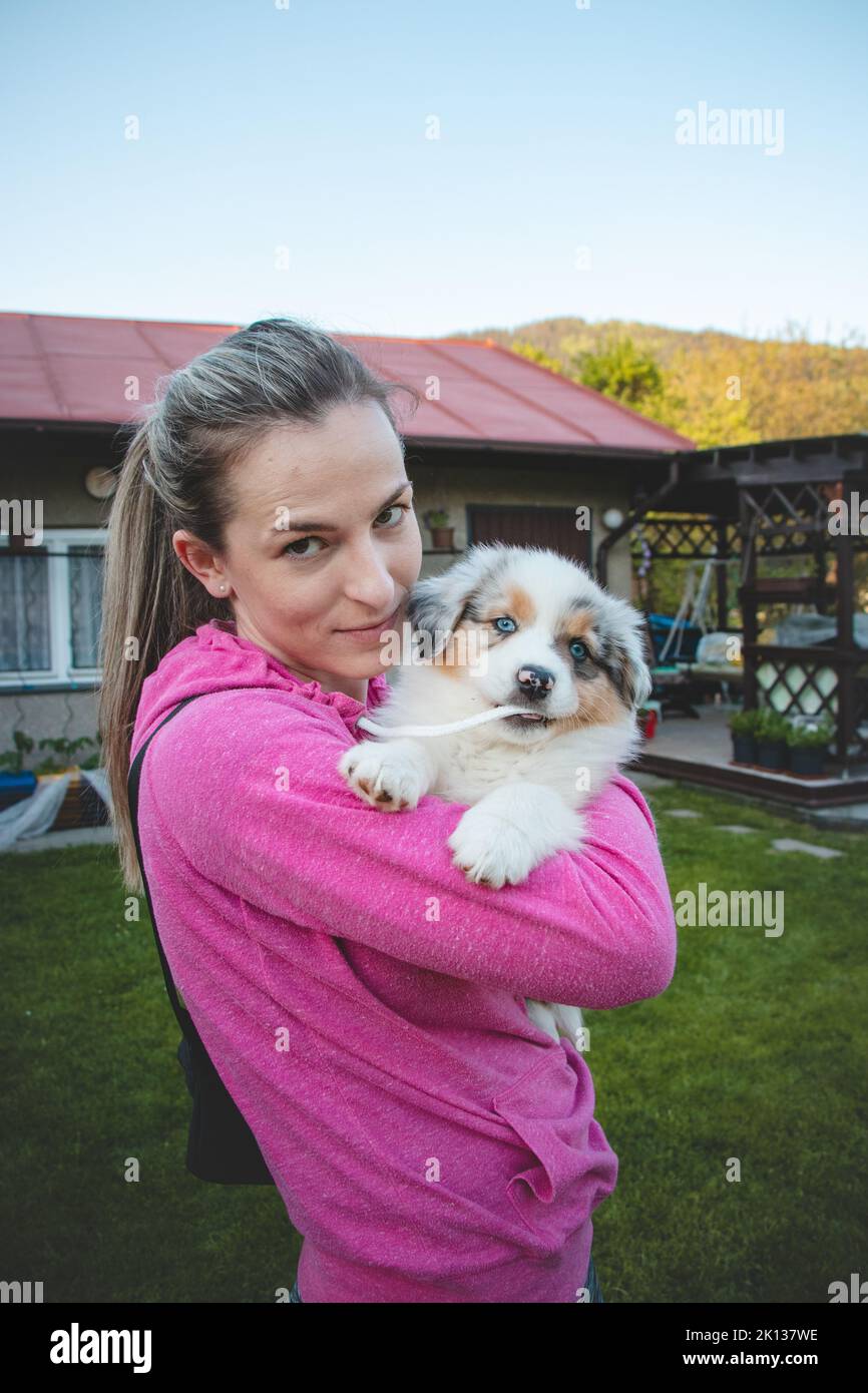 Lady in a pink sweatshirt holding a smiling Australian Shepherd puppy. Love and relationship between female dog and female. Magic blue eyes of a dog p Stock Photo