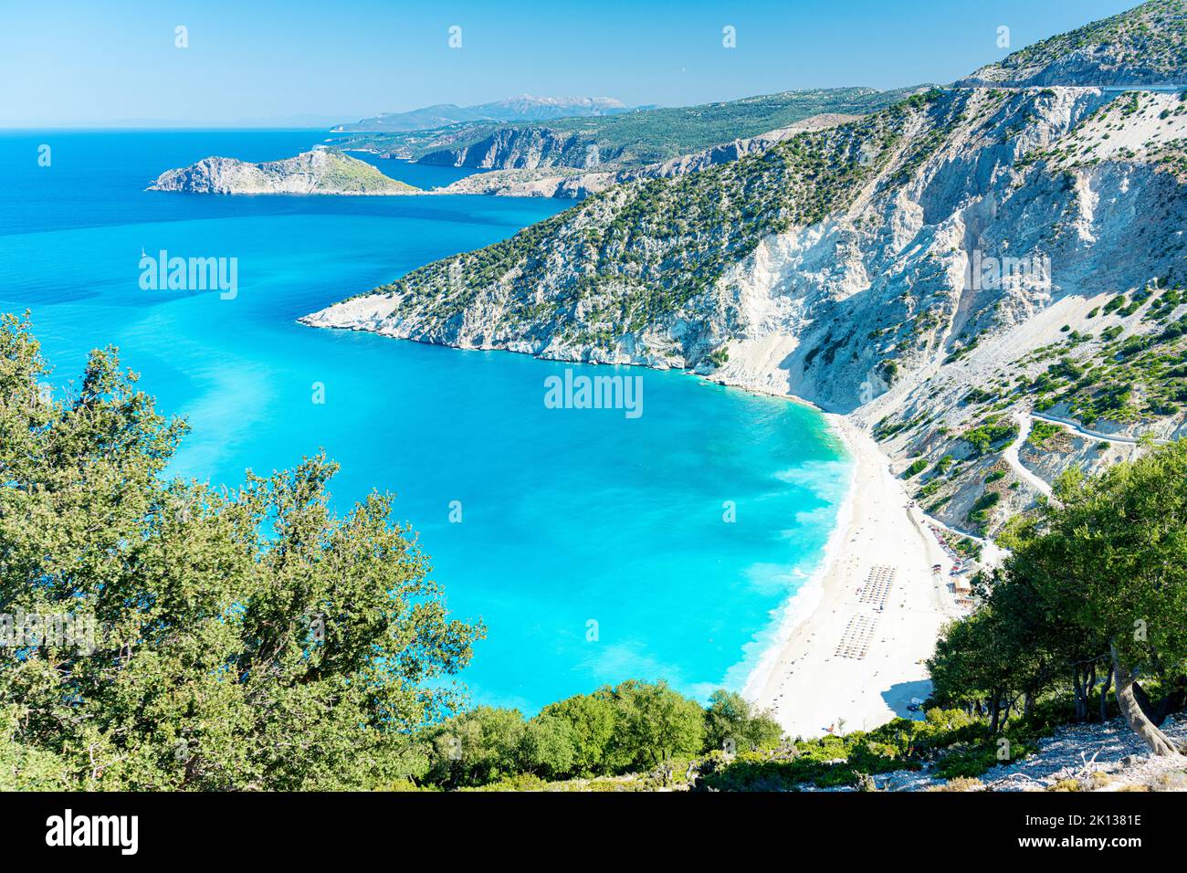 High angle view of Myrtos beach and the crystal clear sea in summer, Kefalonia, Ionian Islands, Greek Islands, Greece, Europe Stock Photo