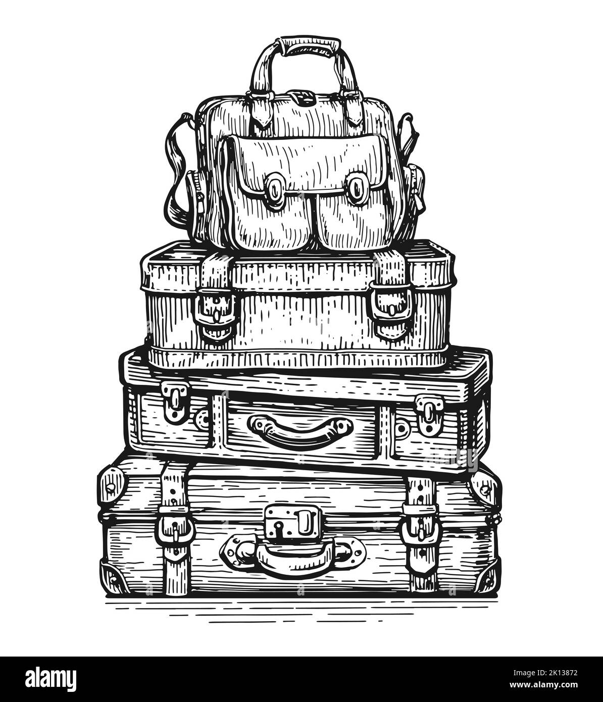 Trip and journey luggage bags heap isolated. Pile of travel baggage stacked. Suitcases sketch vector illustration Stock Vector