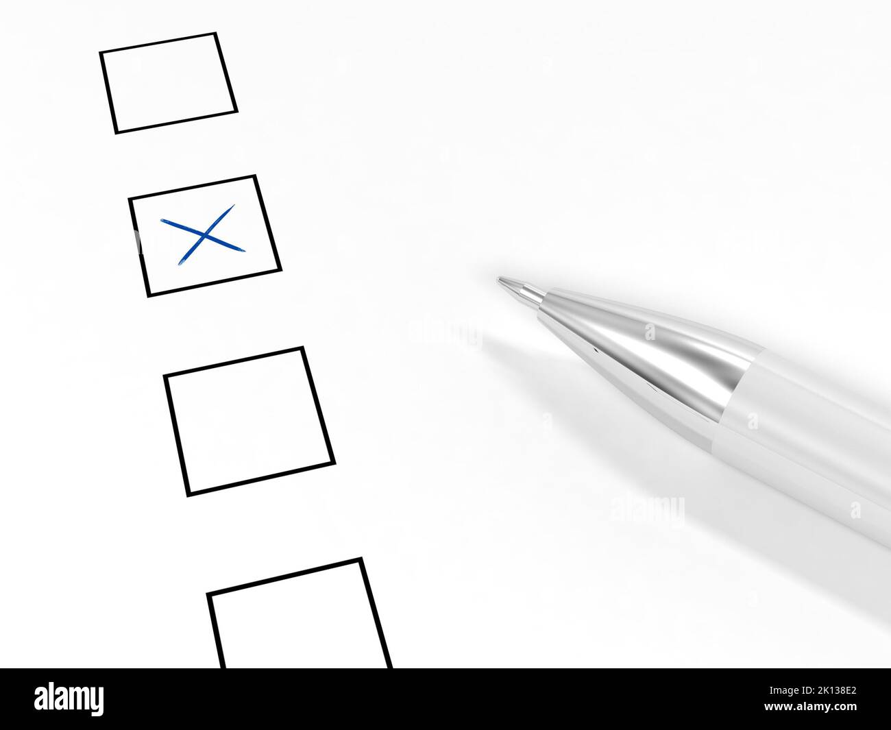 Voting paper. Ballot. Ticked check box. White paper. Pen. 3d illustration. Stock Photo