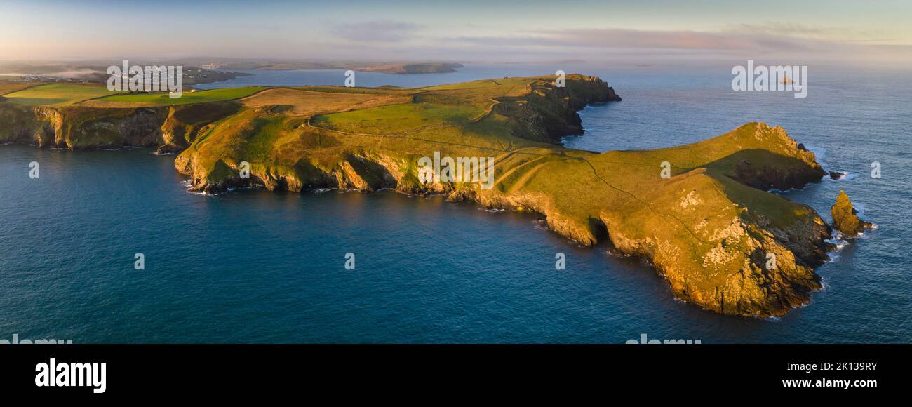 Aerial view of The Rumps cliffs and coastline near Pentire Point, North Cornwall, England, United Kingdom, Europe Stock Photo
