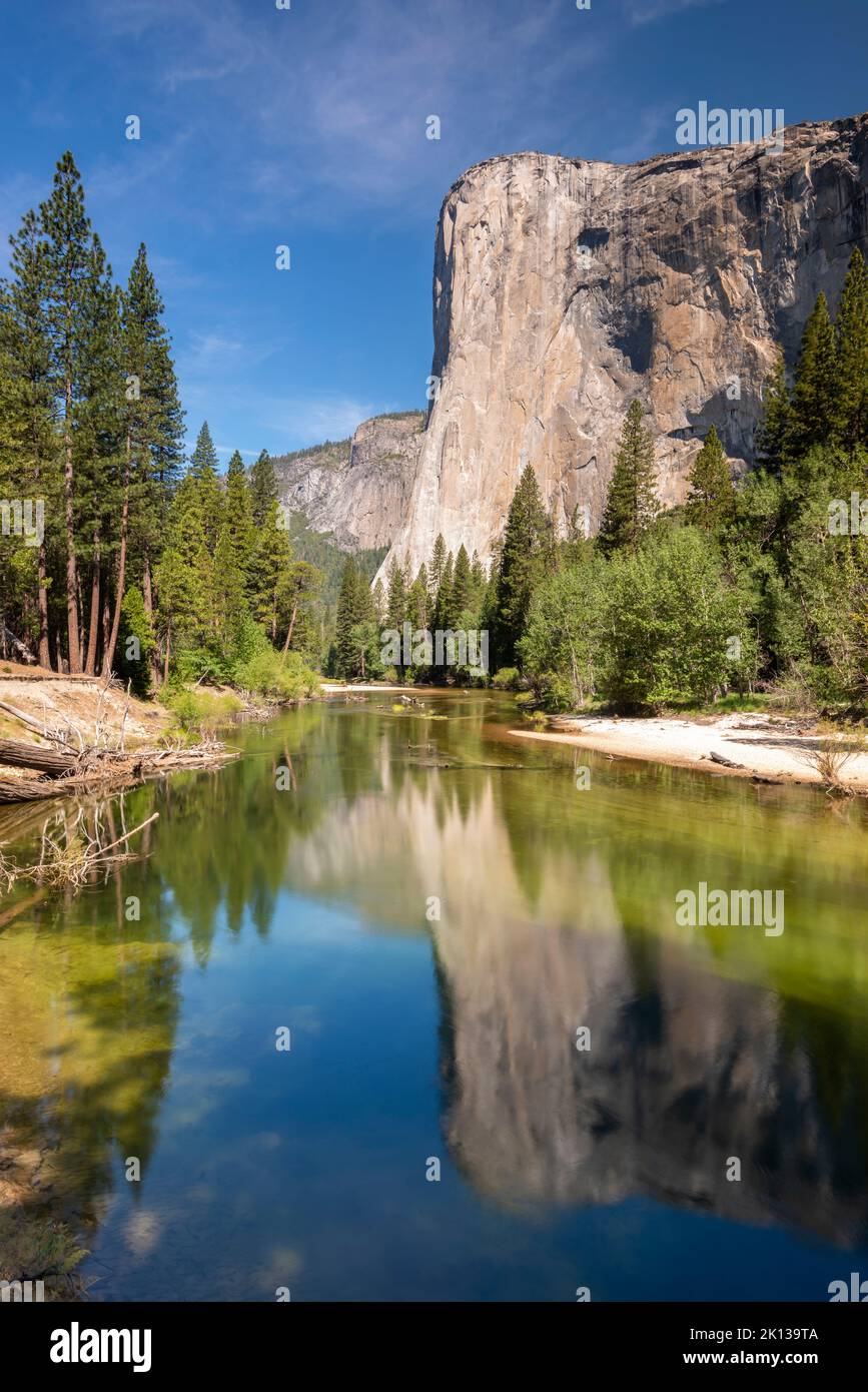 El Capitan reflected in the River Merced, Yosemite Natiional Park, UNESCO World Heritage Site, California, United States of America, North America Stock Photo
