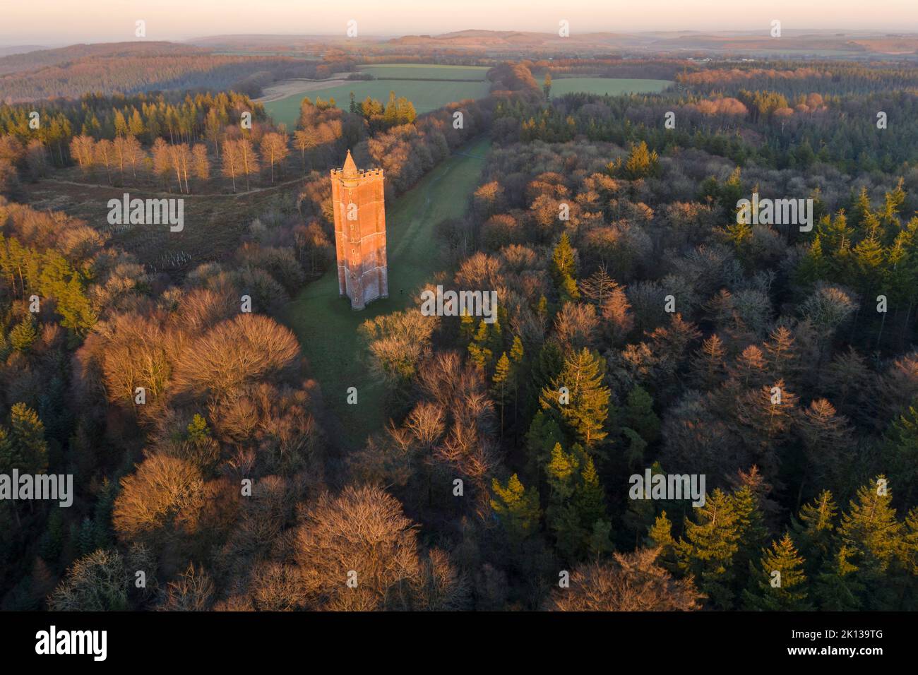 Aerial view of King Alfred's Tower, a folly near Stourhead, in winter, Somerset, England, United Kingdom, Europe Stock Photo