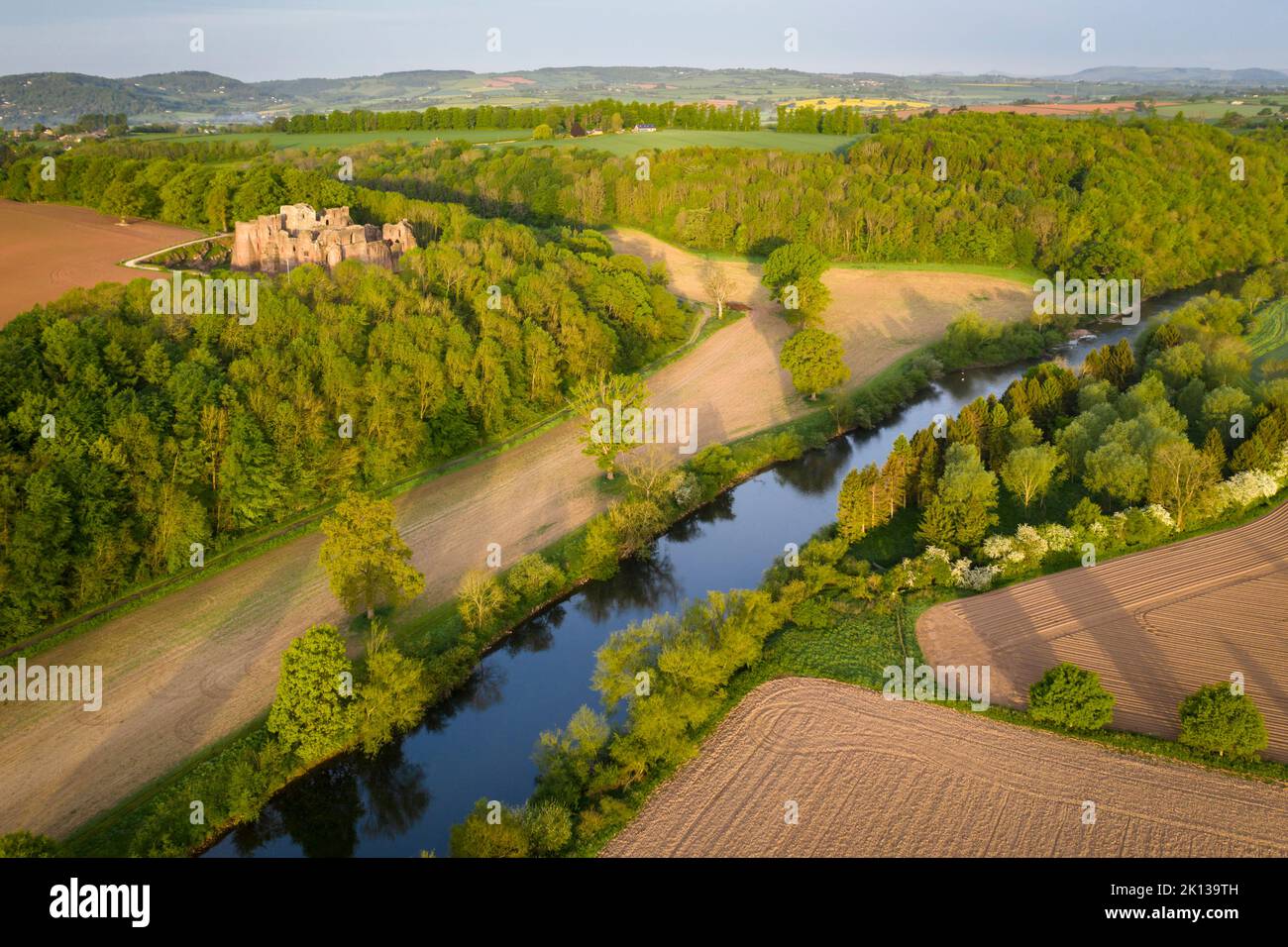 Aerial view of Goodrich Castle and the River Wye near Ross on Wye, Herefordshire, England, United Kingdom, Europe Stock Photo