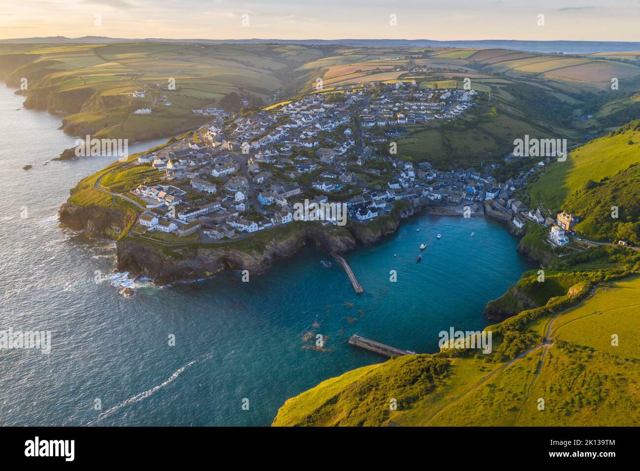 Aerial view of Port Isaac at dawn, Cornwall, England, United Kingdom, Europe Stock Photo