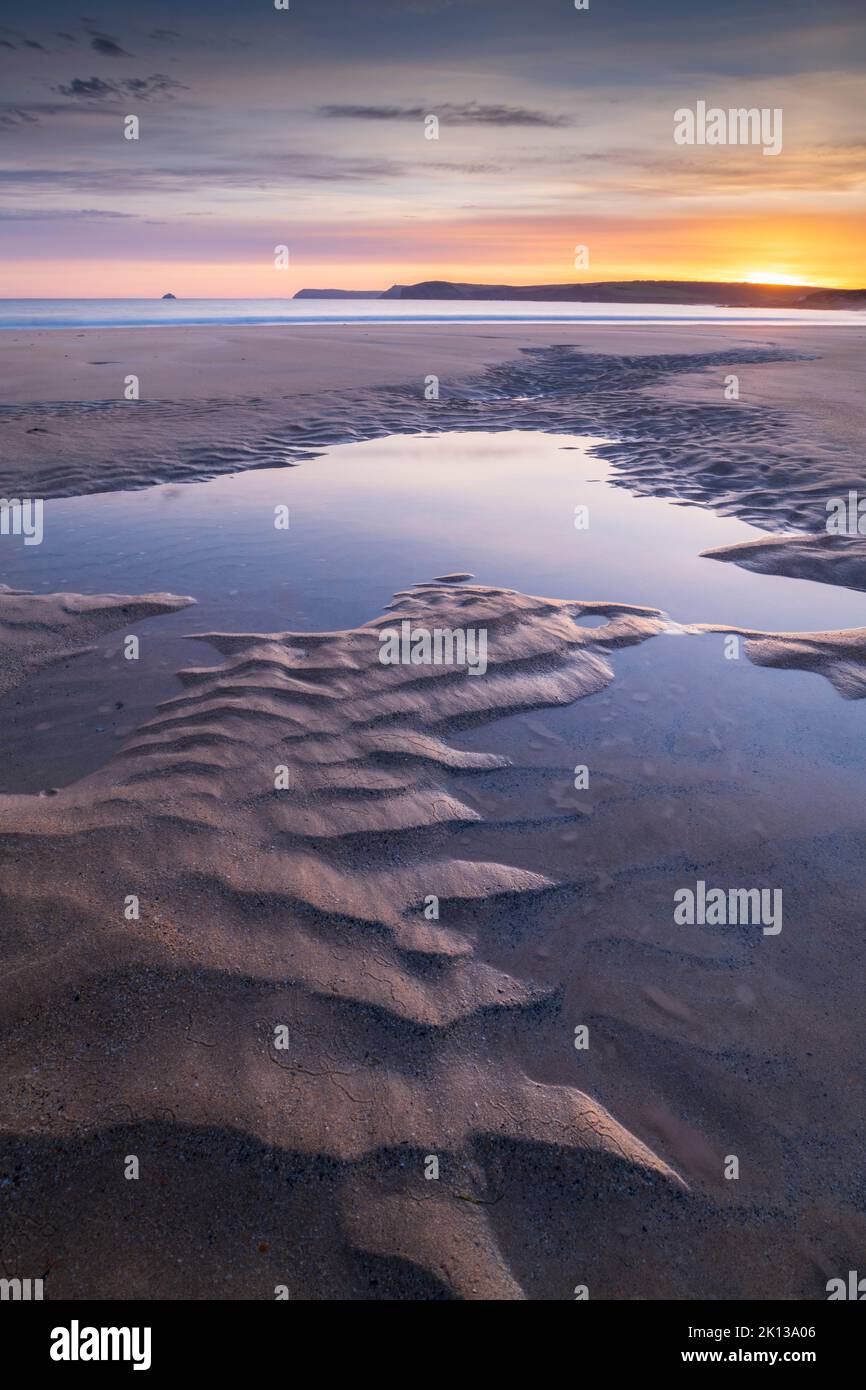 Sunrise over Harlyn Beach in North Cornwall, England, United Kingdom, Europe Stock Photo