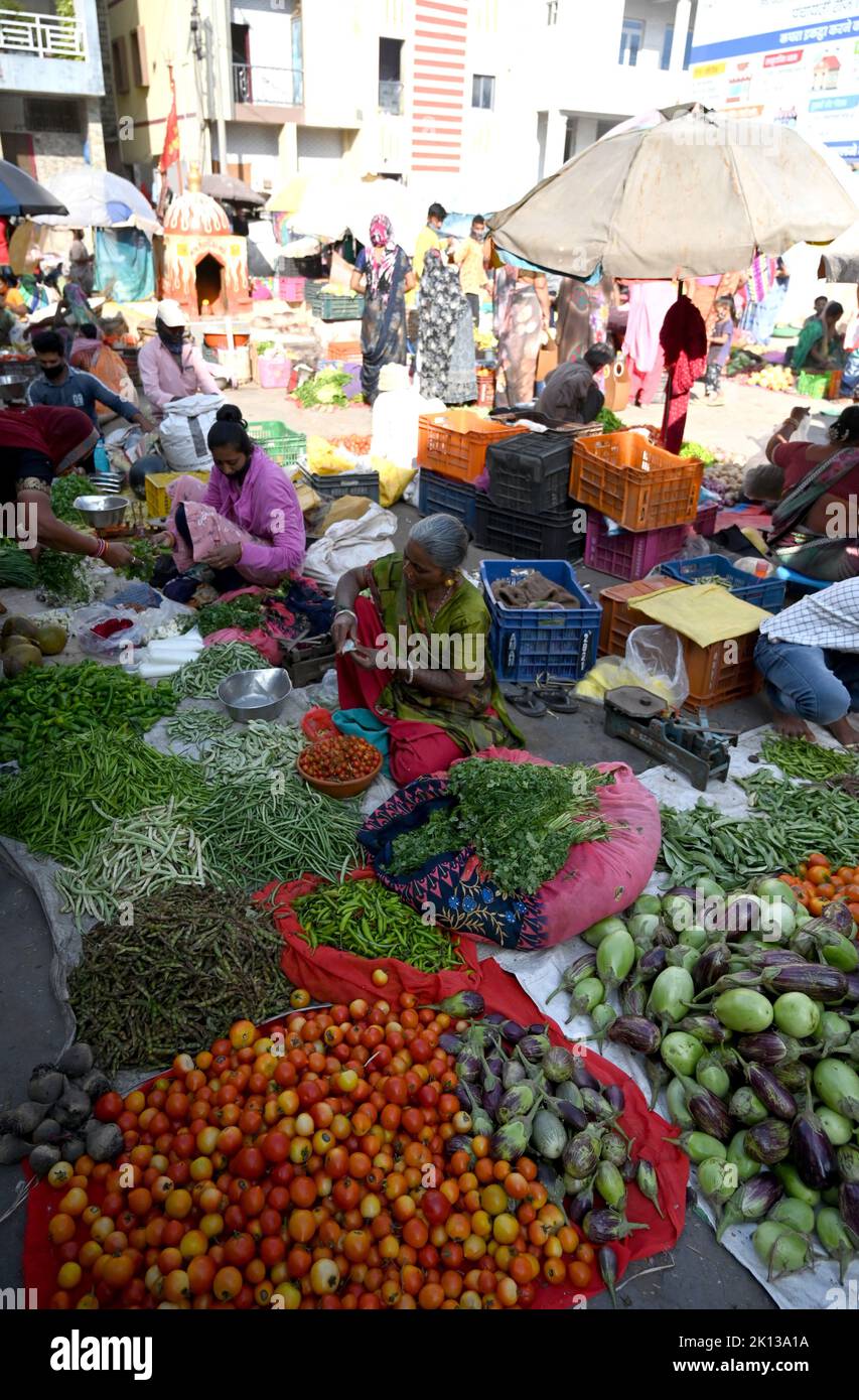 Busy morning vegetable market in the town centre, Dwarka, Gujarat