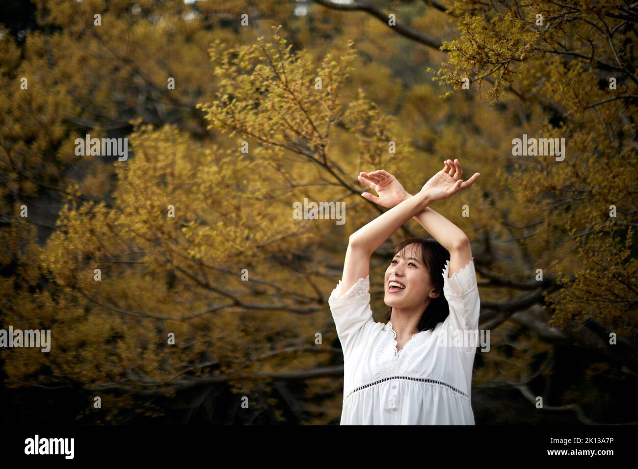 Japanese woman in a forest Stock Photo