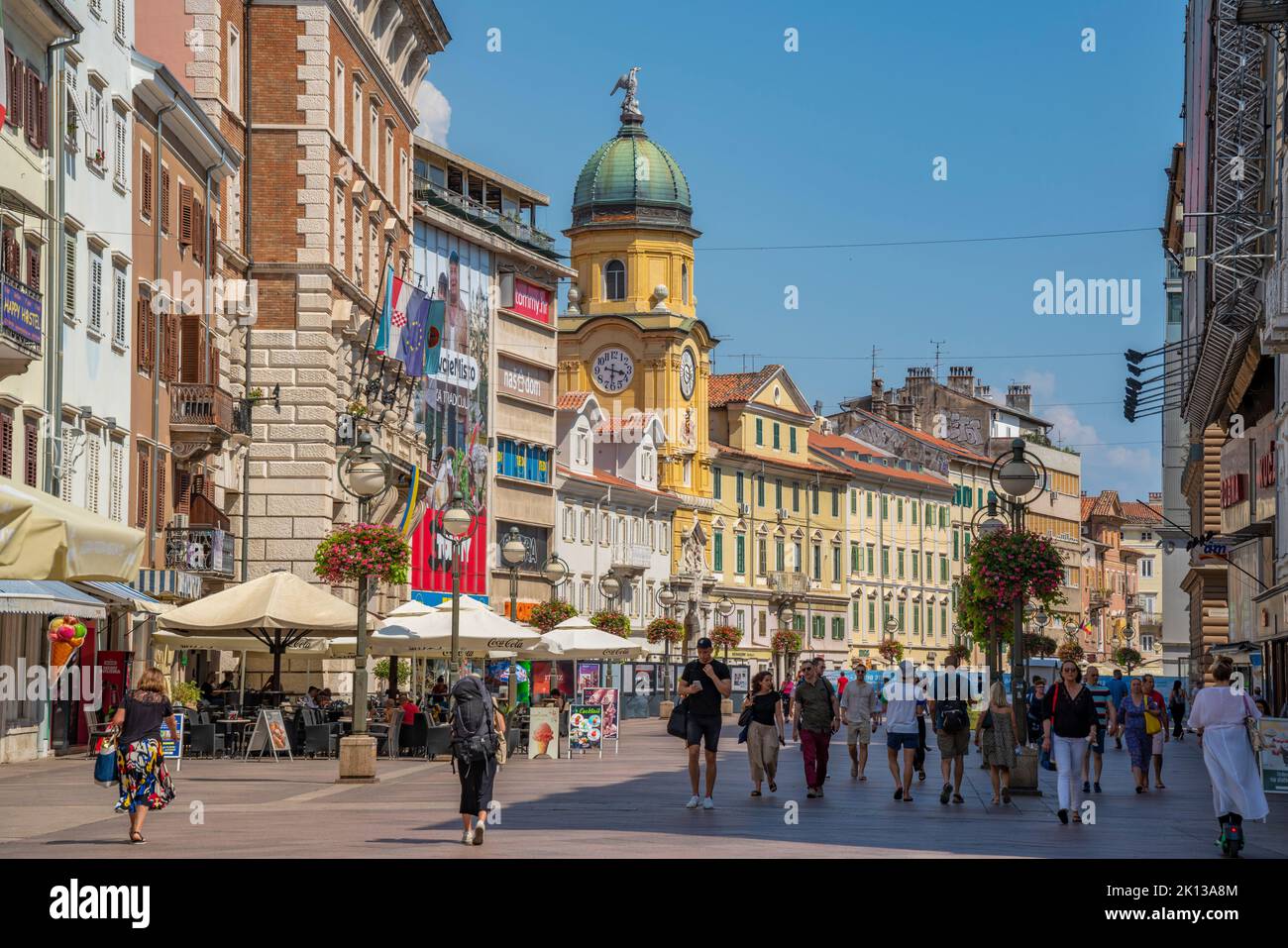 View of baroque style City Clock Tower and shops on the Korzo, Rijeka, Kvarner Bay, Croatia, Europe Stock Photo