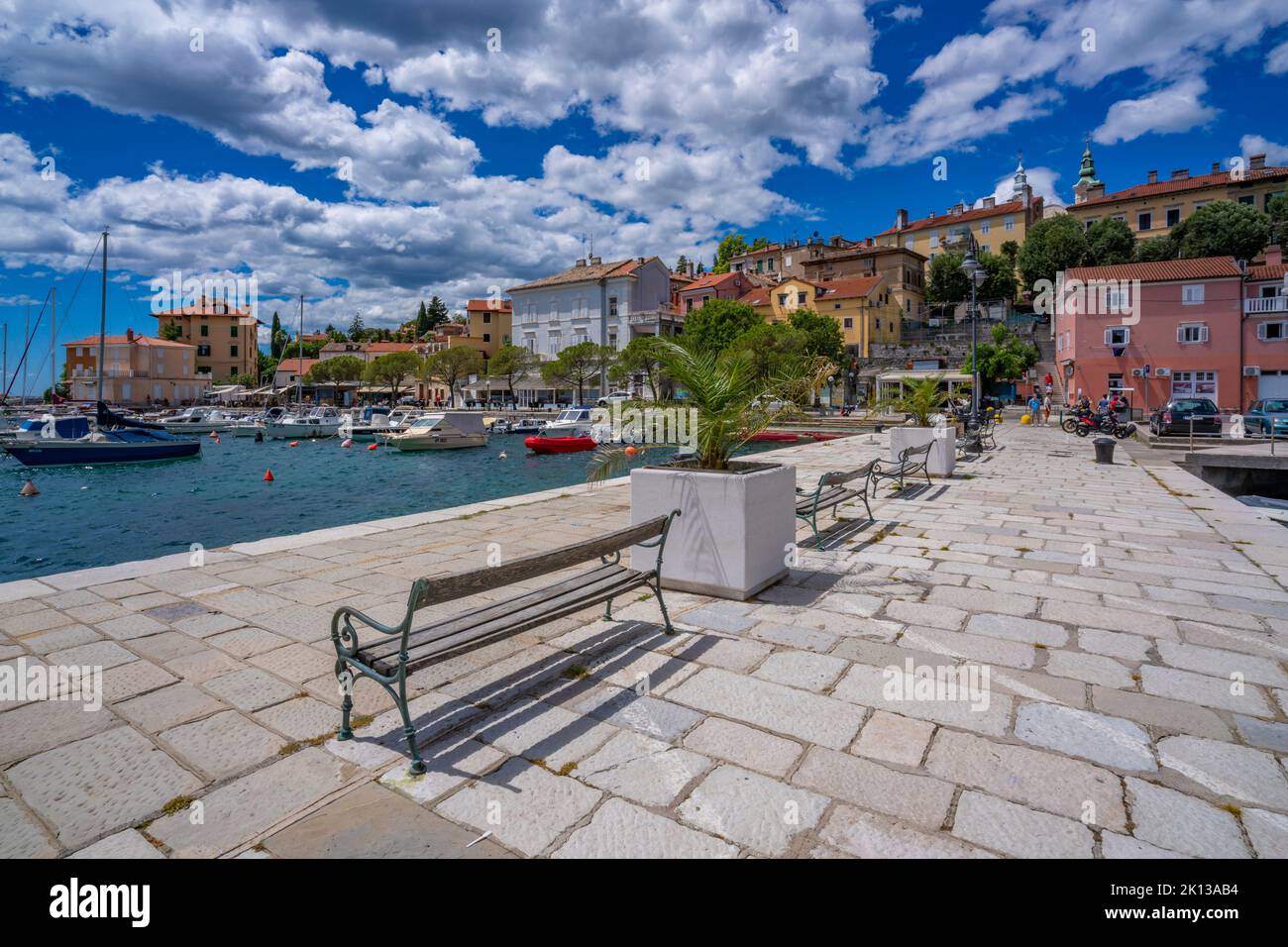 View of hotels and church overlooking marina at Volosko, Kvarner Bay, Eastern Istria, Croatia, Europe Stock Photo