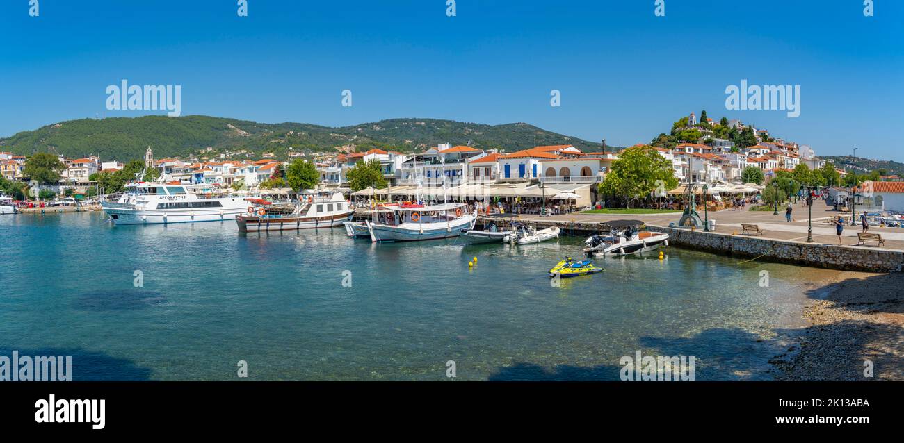 View of Belvedere Skiathos Old Port and Skiathos Town, Skiathos Island, Sporades Islands, Greek Islands, Greece, Europe Stock Photo