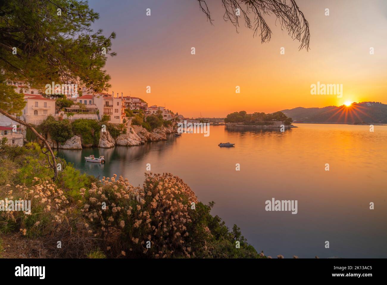 View of old town framed by trees at sunrise, Skiathos Town, Skiathos Island, Sporades Islands, Greek Islands, Greece, Europe Stock Photo
