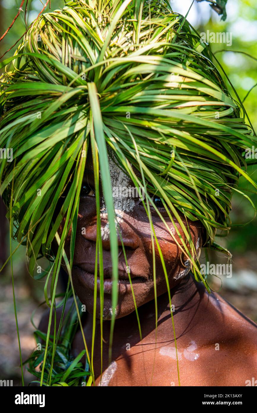Traditional masked man, Yaka tribe, Mbandane, Democratic Republic of the Congo, Africa Stock Photo
