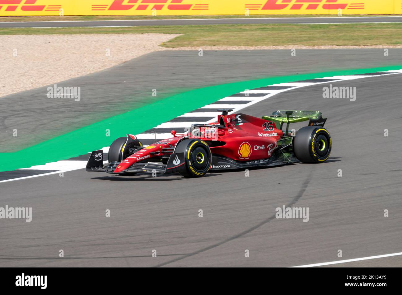 Ferrari F1 car driven by Charles Leclerc at Silverstone Circuit, Towcester, Northamptonshire, England, United Kingdom, Europe Stock Photo