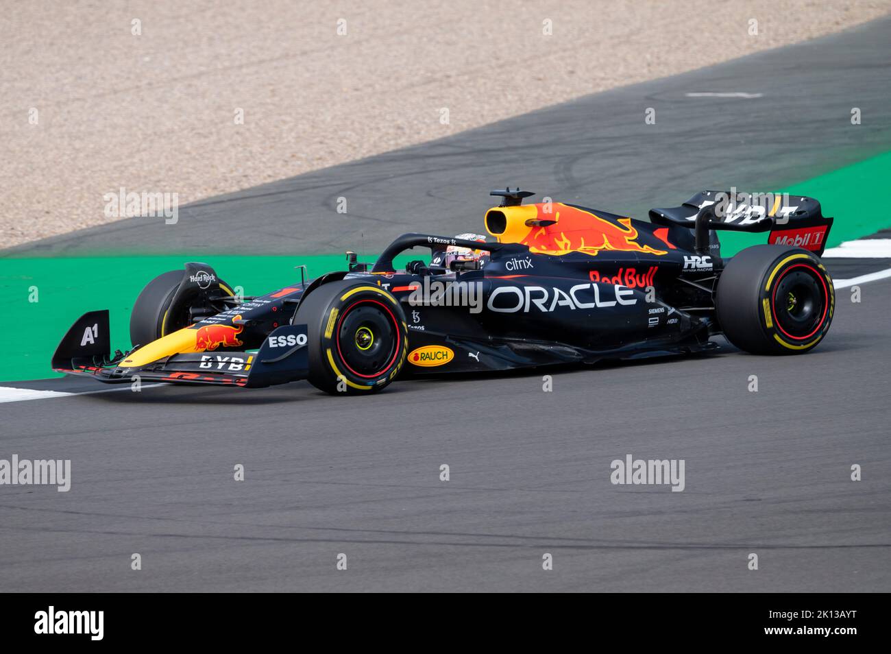 RedBull F1 car driven by World Champion Max Verstappen at Silverstone Circuit, Towcester, Northamptonshire, England, United Kingdom, Europe Stock Photo