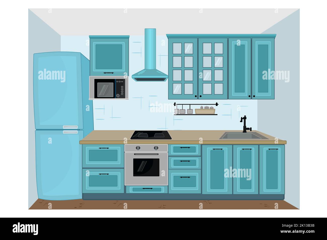 Kitchen interior.Kitchen with furniture,cupboard, fridge, stove, sink, microwave, shelf and range hood.Working surface for cooking.Vector Illustration Stock Vector