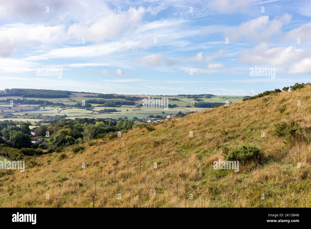 View of the Dorset countryside at Corfe on a sunny morning in September Stock Photo