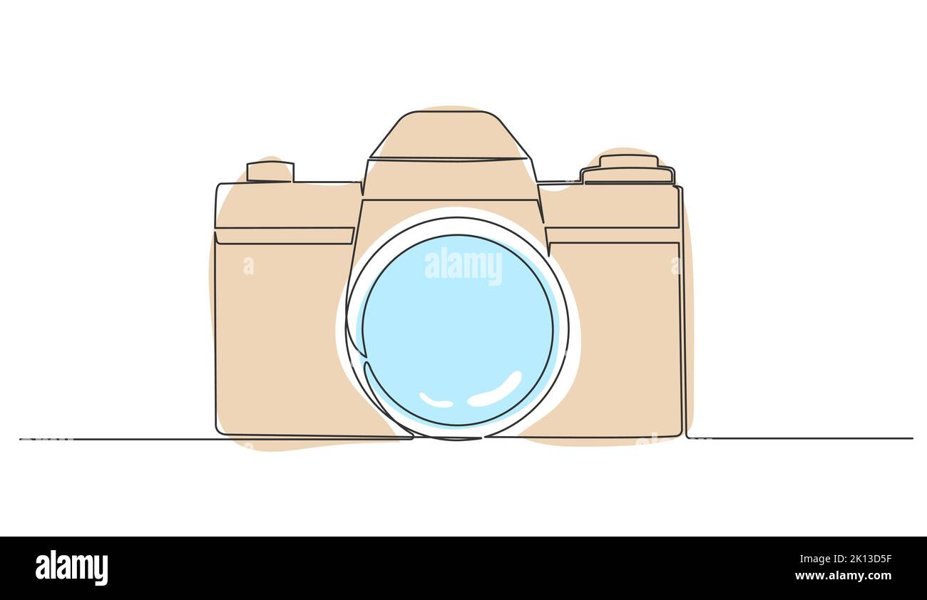 single line drawing of single-lens reflex camera isolated on white background, line art vector illustration Stock Vector