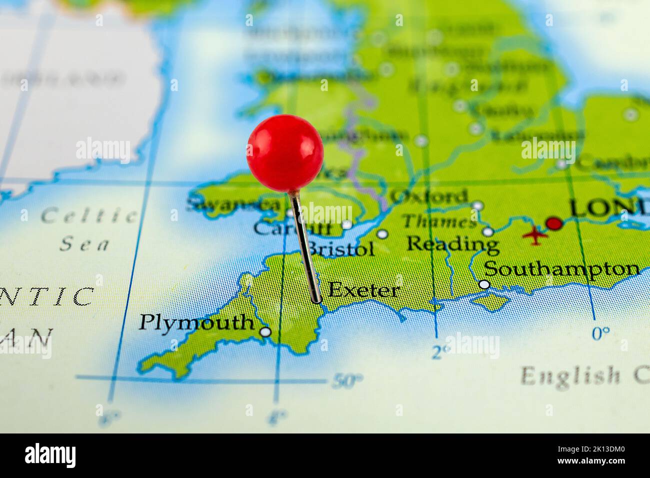 Exeter map. Close up of Exeter map with red pin. Map with red pin point of Exeter in England. Stock Photo