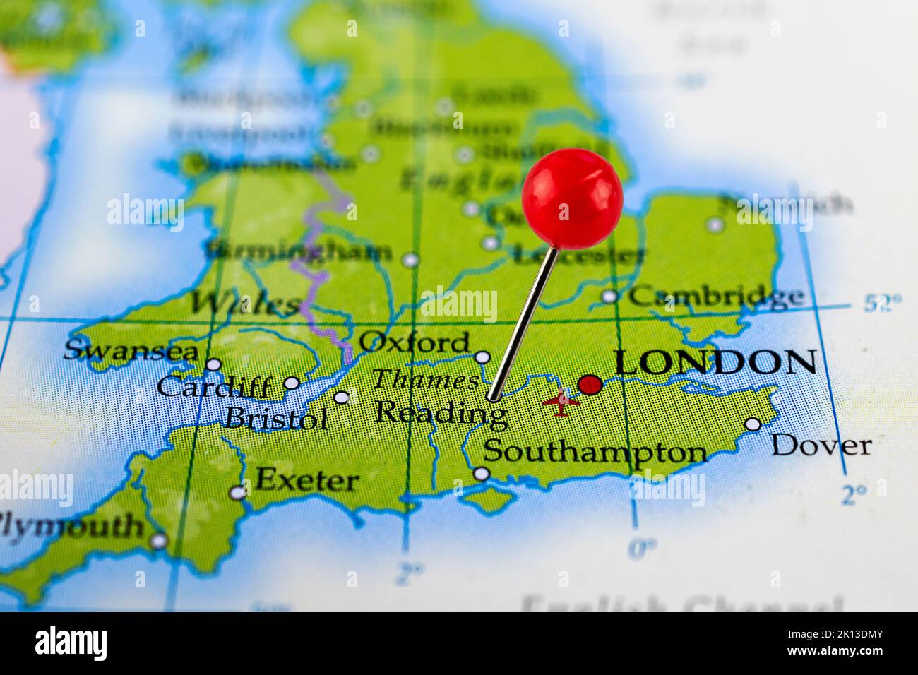 Reading map. Close up of Reading map with red pin. Map with red pin point of Reading in England. Stock Photo