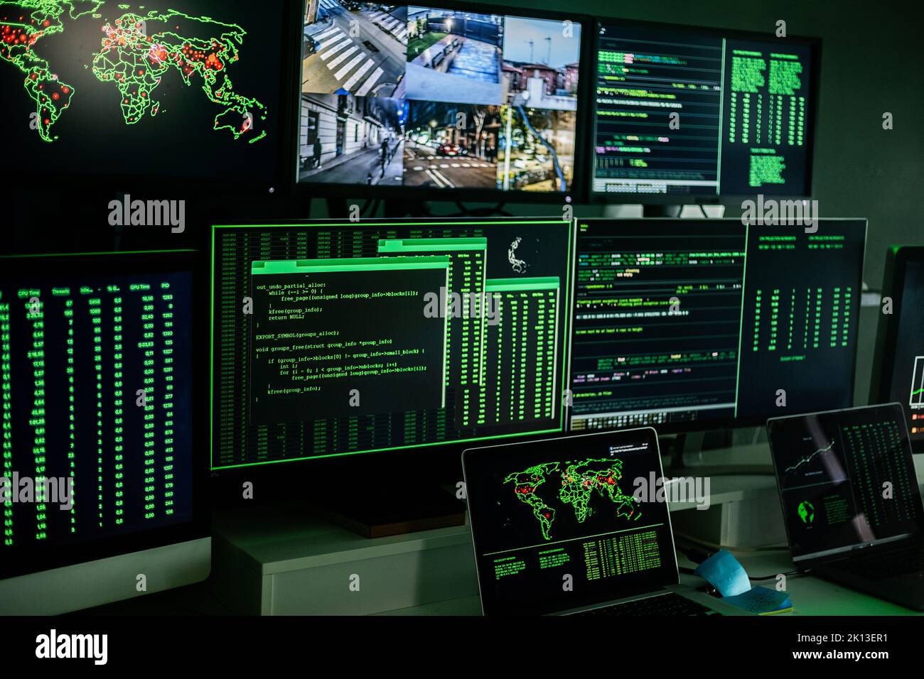 Computer monitor room on dark hacker base Stock Photo