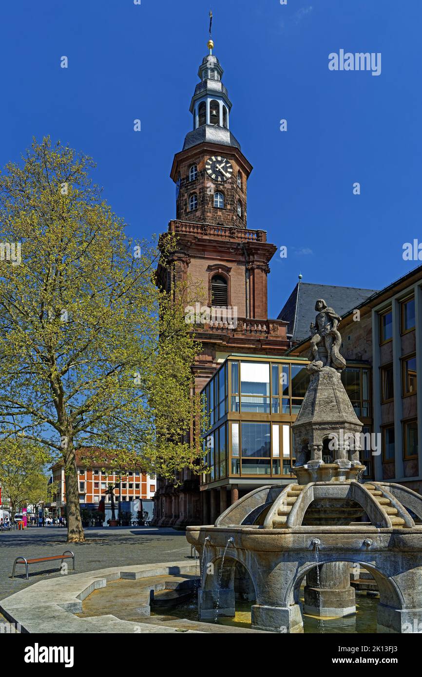 Siegfriedbrunnen, Dreifaltigkeitskirche, Stadtbibliothek *** Local Caption ***  Europe, Germany, Rhineland-Palatinate, Worms, marketplace, SchUM city, Stock Photo