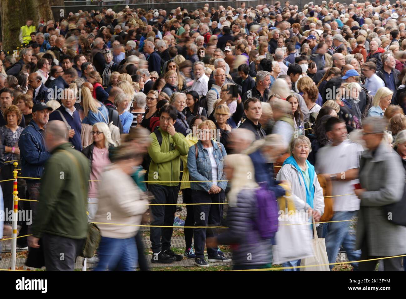 Members of the public in the queue in Victoria Tower Gardens, London