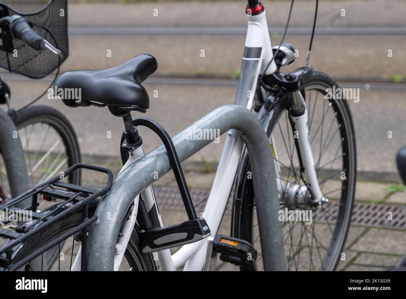 A U-lock on the bicycle Stock Photo