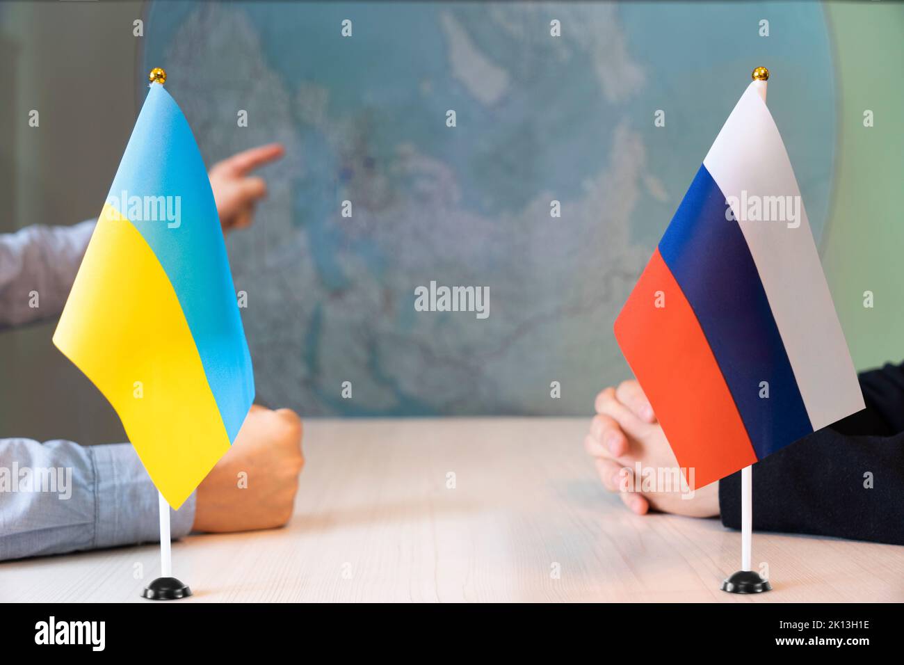 negotiations in diplomacy. Communication between representatives of the countries of Ukraine and Russia. negotiations of diplomats, conclusion of the Stock Photo
