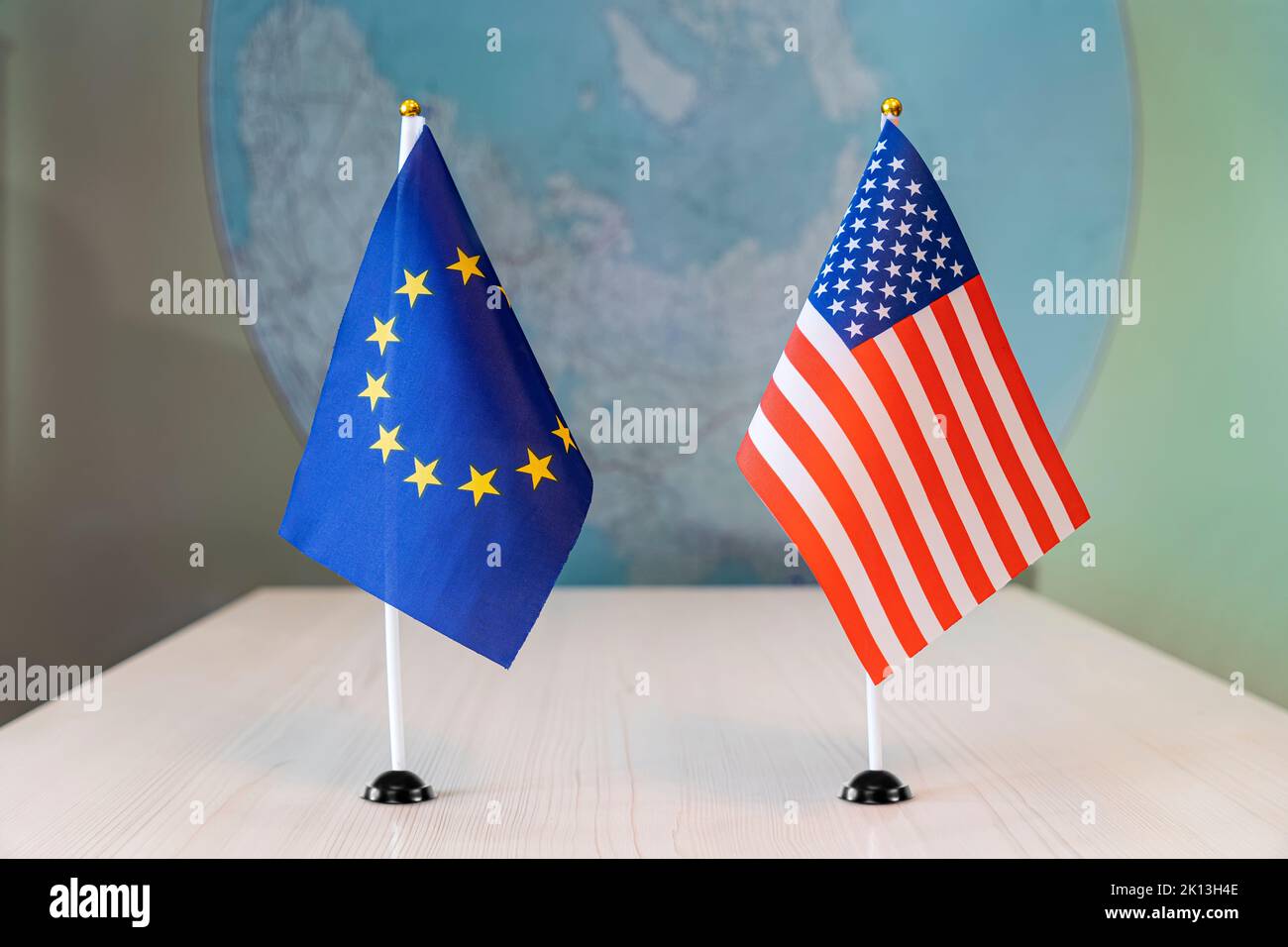 flags of United States and European Union. international negotiations. conclusion of contracts between countries. concept of communication between rep Stock Photo