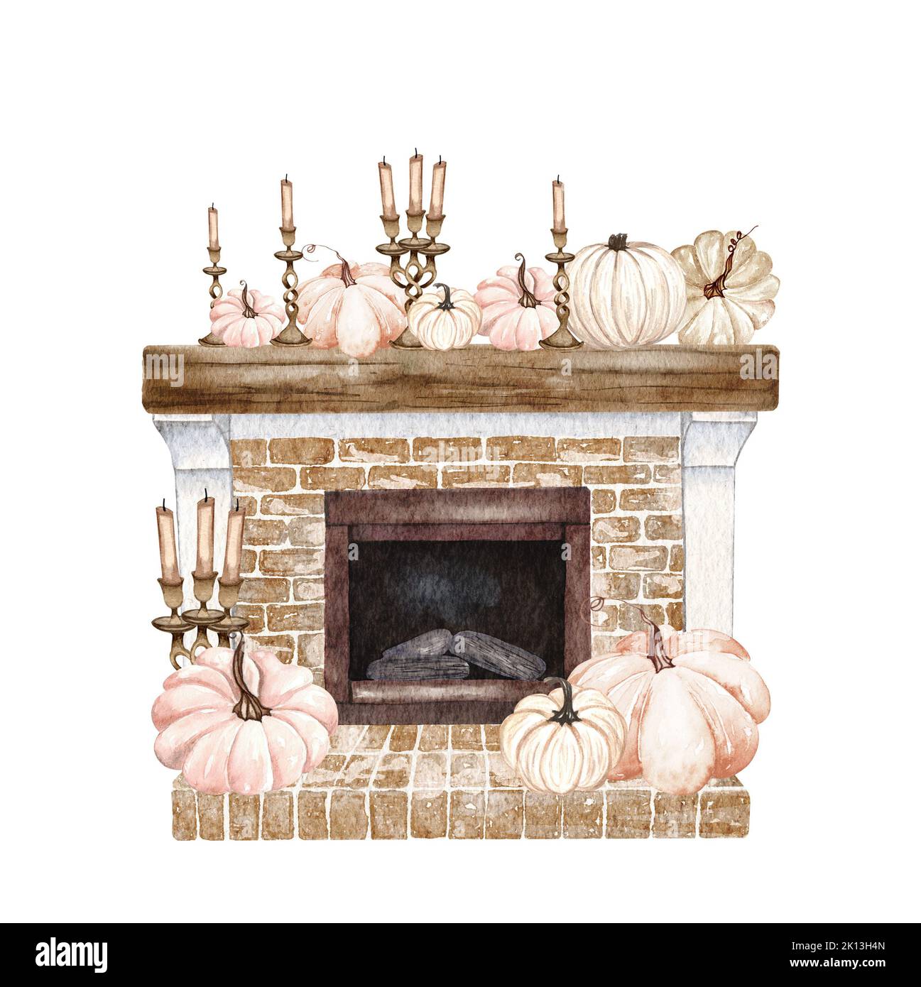 Watercolor fireplace with pumpkin decor. Fall pumpkin and flowers