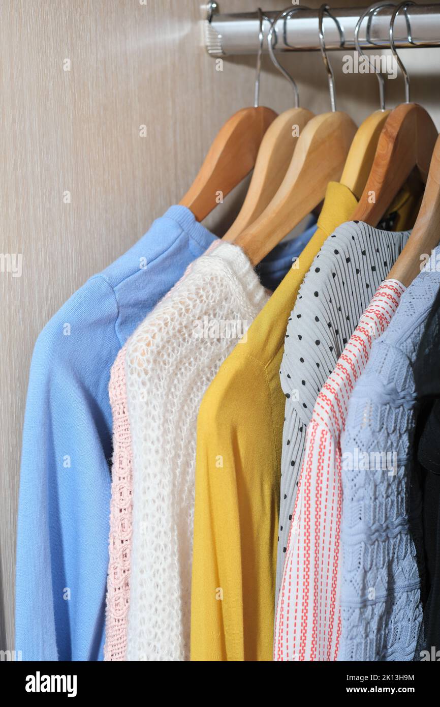 female apparel, woman clothes in a wardrobe, hanging blouses, jumpers