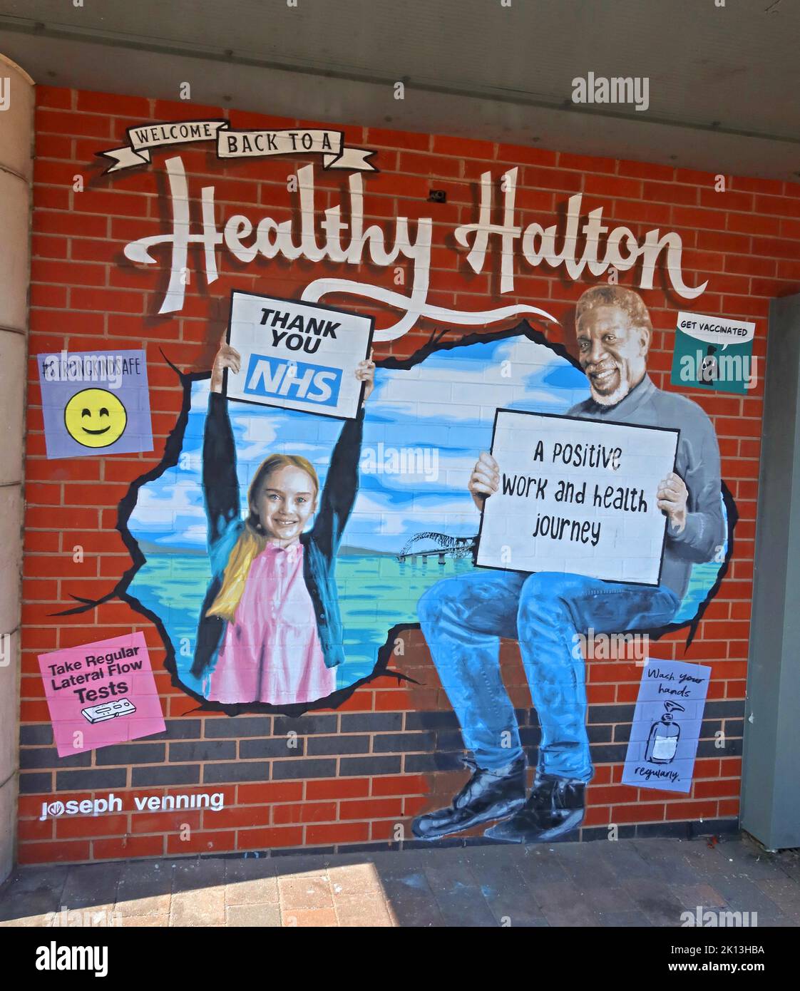 Promoting Welcome back to a Healthy Halton, in Runcorn old town, Halton, Cheshire, England, UK, WA7 1LX Stock Photo