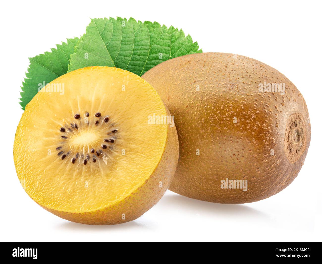 Golden kiwi fruits with leaves isolated on white background. Stock Photo