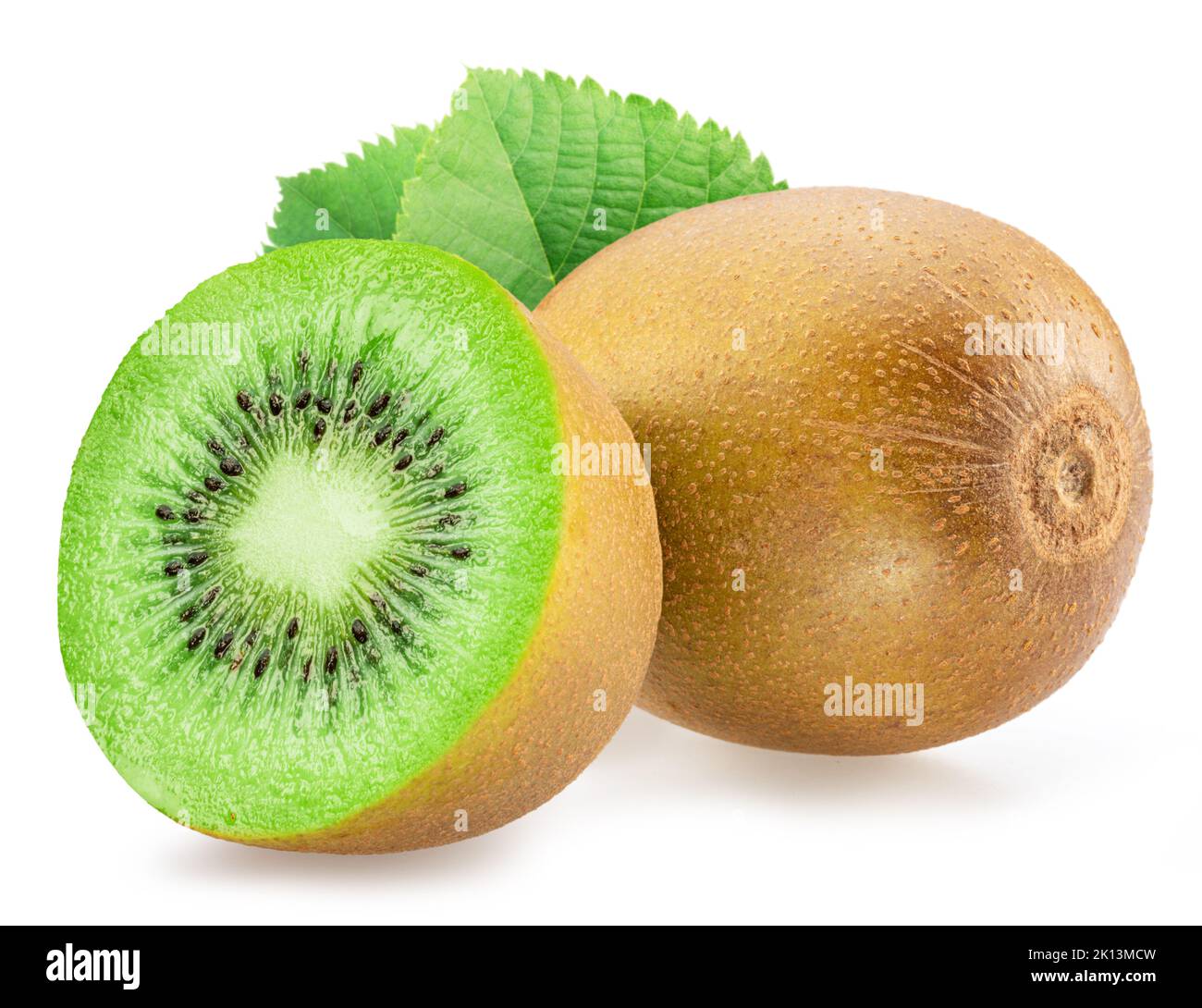 Kiwi fruit, cross cut of kiwi and kiwi leaves isolated on white background. Stock Photo