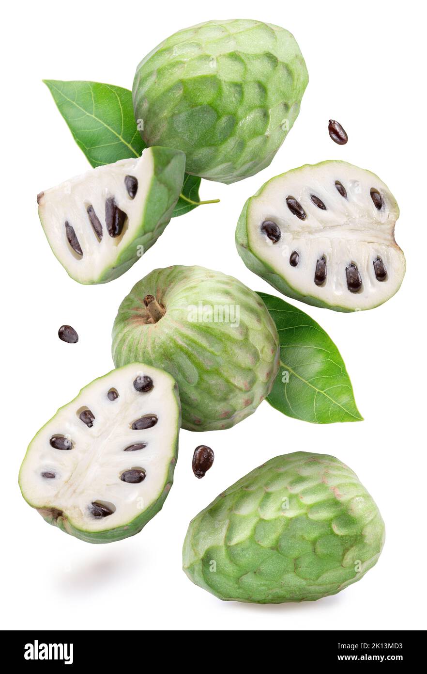 Custard apples or cherimoya fruits and slices of fruit on white background. File contains clipping paths. Stock Photo