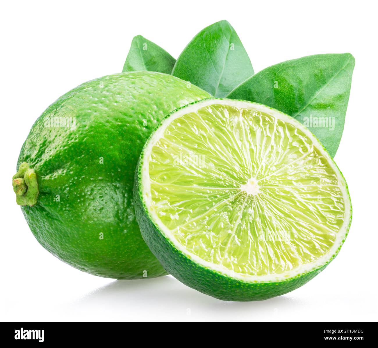 Lime fruit and lime slice with mint leaves isolated on white background. Stock Photo
