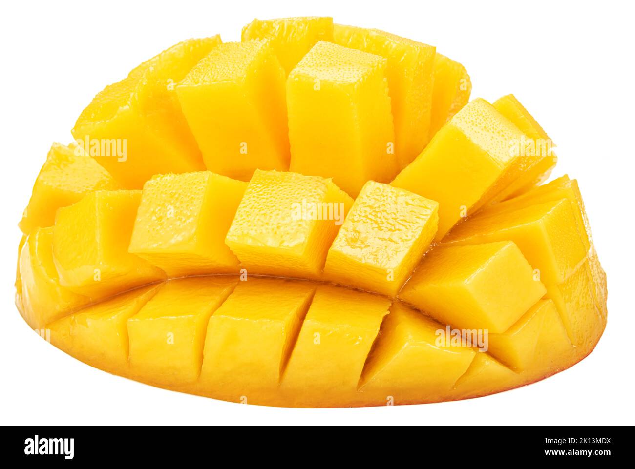 Half of mango fruit cut in hedgehog style. File contains clipping path. Stock Photo