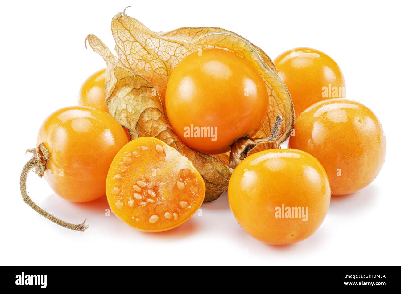 Ripe physalis or golden berry fruits in calyx isolated on white ...